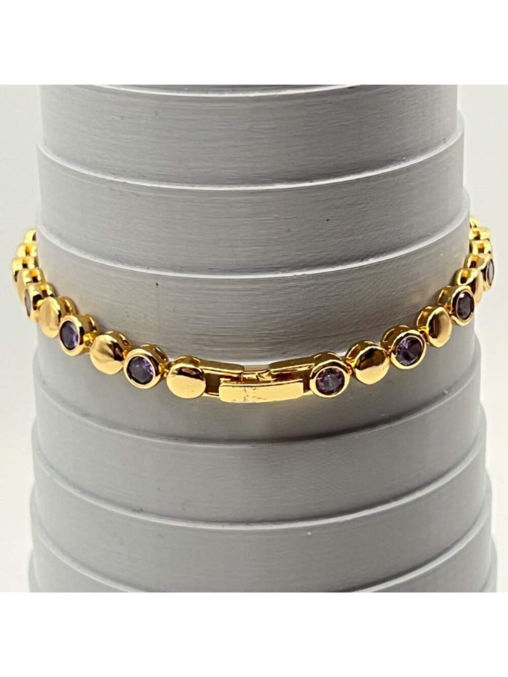 Purple CZ Gold-Tone Bracelet Bezel Set Tennis 7.5" Signed CM Stack Dainty Dressy - Picture 4 of 9